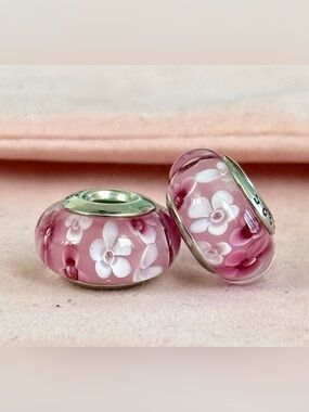 Pink Floral Murano Glass Charms set fit Pandora bracelets